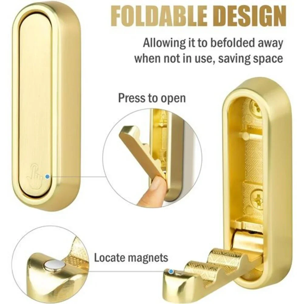 Gold Wall Hooks Foldable Heavy Duty Coat Towel Bag Backpack Hangers Set of 4 Pc